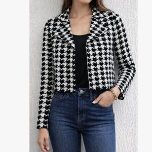 Jones New York Signature Houndstooth Cropped Jacket Black White Knit Blazer Chic